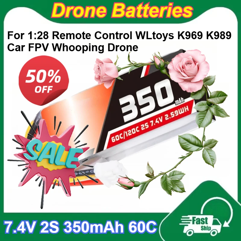 

7.4V 2S 350mAh 60C Li-Po Battery for 1:28 Remote Control WLtoys K969 K989 Car FPV Whooping Drone Rechargeable Batteries