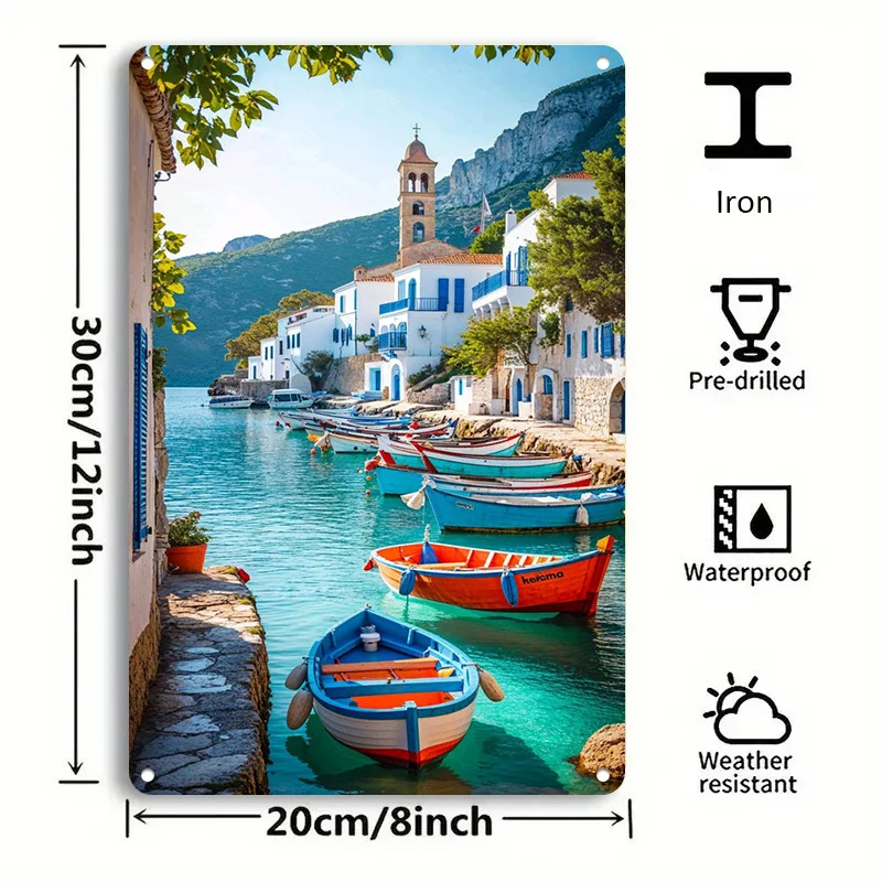 2D Flat - 2D Plane - 2D Plane, 8.0X12.0 Inch Mediterranean Coastal Scenery Sign, Retro Ships And White Building Metal Wall Decor