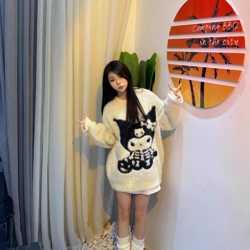 Sanrio Kuromi Sweater Kawaii Cartoon Loose Knitted Pullover Y2k Harajuku High Street Sweatshirt Streetwear Black White Sweaters