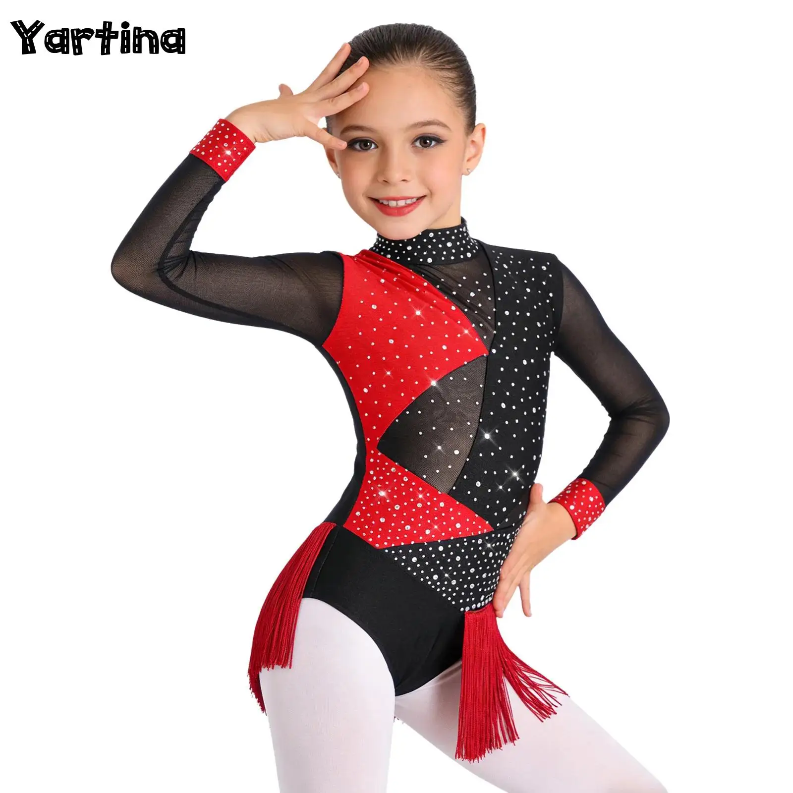 Kids Girls Tassel Latin Dance Leotard Gymnastics Figure Skating Costume Long Sleeve Keyhole Back Mesh Shiny Rhinestone Bodysuit