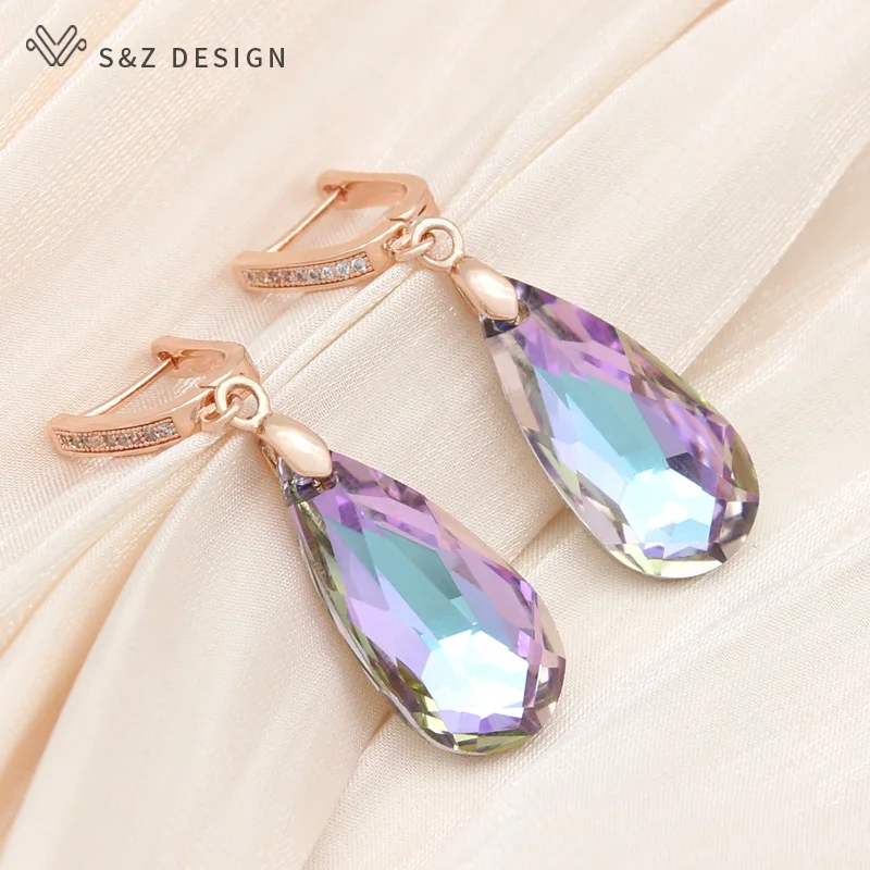 S&Z DESIGN New Fashion 585 Rose Gold Color Water Drop Crystal Dangle Earrings For Women Wedding Jewelry Cubic Zirconia Eardrop