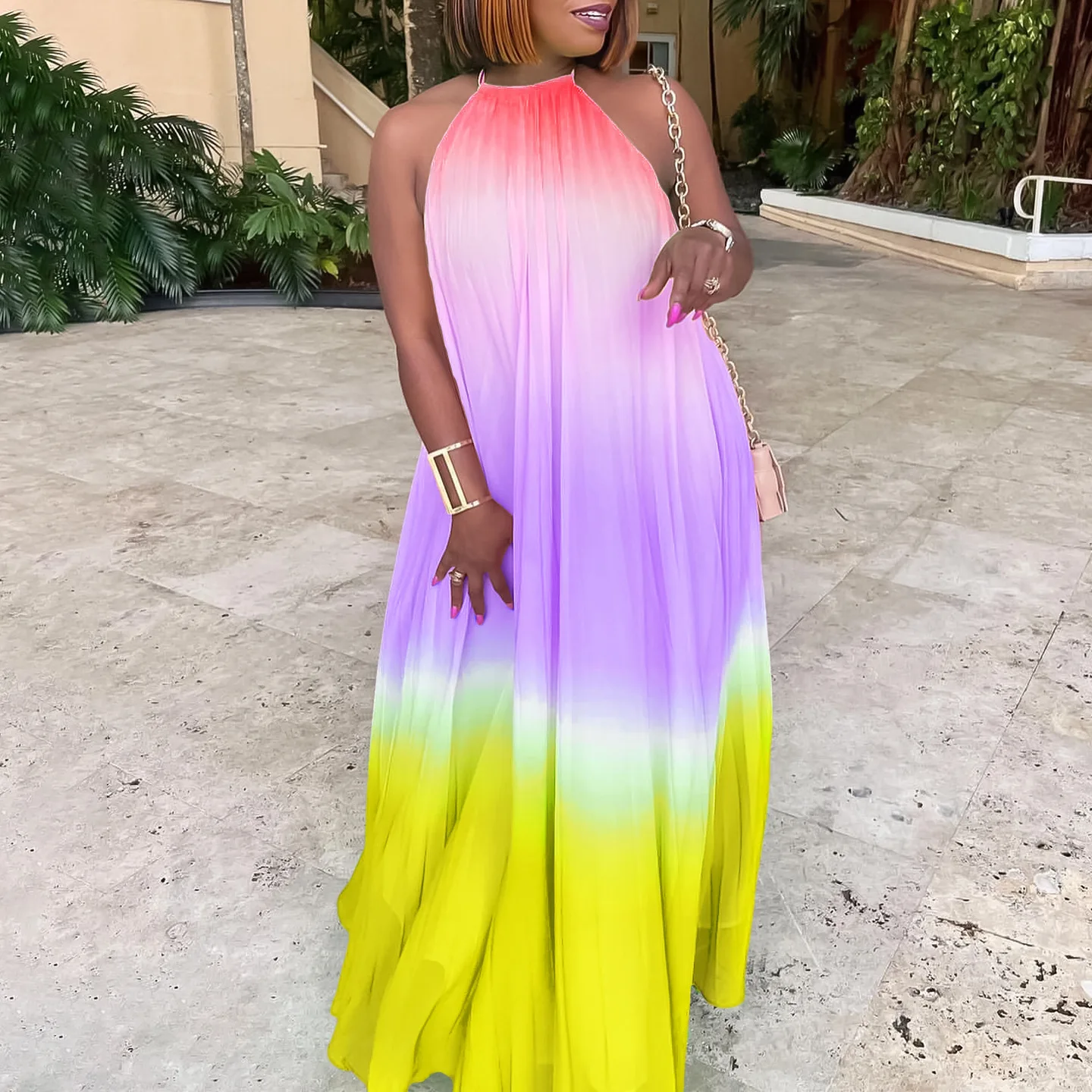 Plus Size Halter Elegant Dress Female Tie Dye Luxury Clothing Evening Dinner Long Robe 2024 Summer Women Casual Party Dress