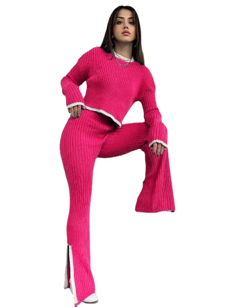 Women Knitted Suit O-neck Long Sleeve Cropped Sweater Elastic High Waist Winter 2 Pieces Set For Women 2025 Casual Outfits