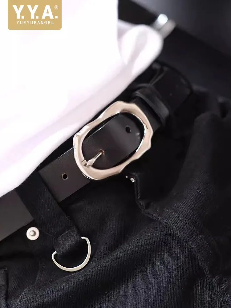 Women New Irregular Silver Buckle Genuine Leather Belt Casual Real Cowhide Strap For Pants Vintage Pin Buckle Waistband