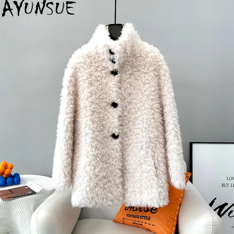 

100% AYUNSUE Sheep Shearing Jacket Women Mid-length Wool Coats for Woman Autumn Winter Elegant Fur Coat Standing Collar Casaco