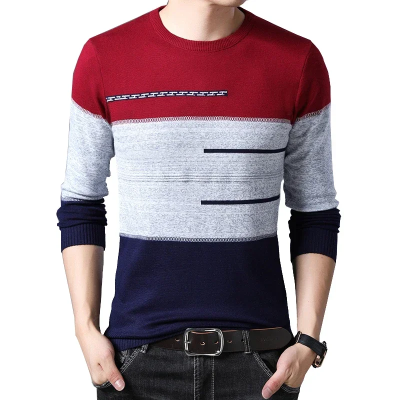 

Мужской пуловер, свитер, мужские вязаные полосатые тонкие свитера с круглым вырезом, мужская трикотажная одежда, мужской зимний свитер