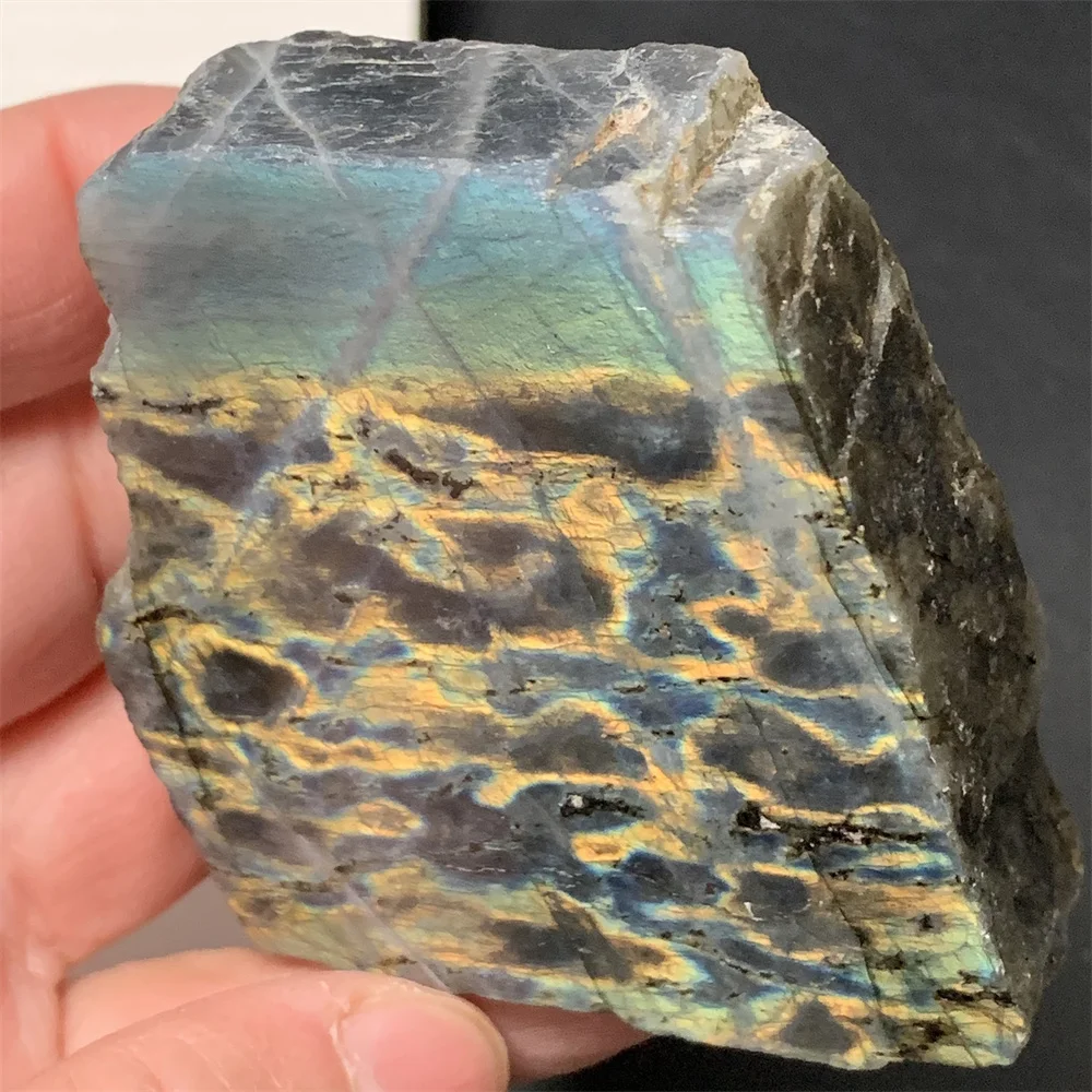 

2PCS Natural Yellow Green Colorful Light Labradorite Ornaments Raw Back Sliced Purple Blue Orange Light Labradorite Specimens