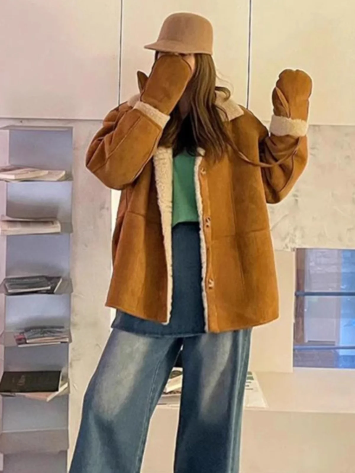 معطف نسائي ذو ياقة من فرو الضأن على الوجهين، معطف شتوي طويل من مزيج الصوف والبوليستر من الجلد والفراء J...