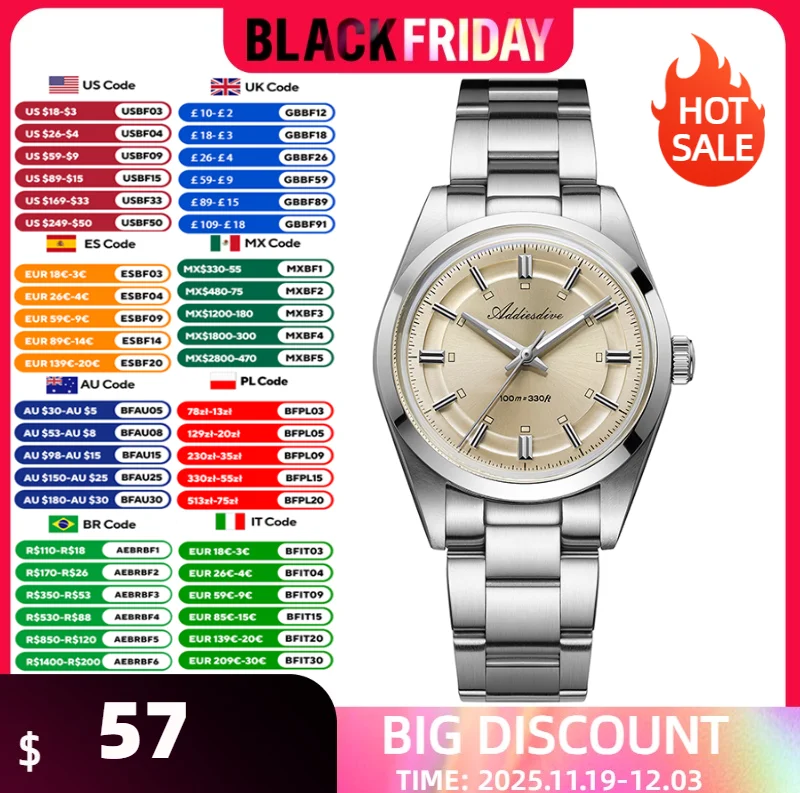 

ADDIESDIVE Quartz Man Watch Minimalist Style 100m Waterproof Super Luminous 36mm Bubble Glass 316L Stainless Steel Watches Male