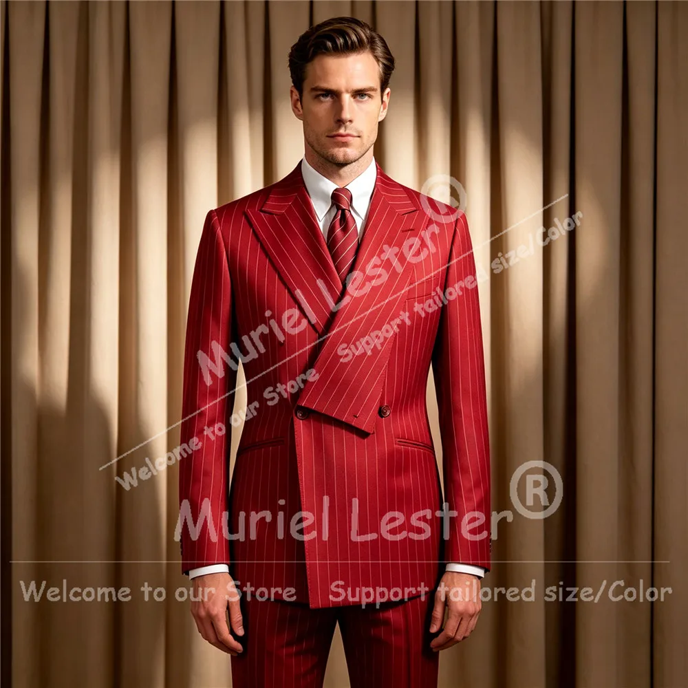 Designer Stripe Men's Suits Double Breasted Blazer Pants 2 Piece Costume Homme Customized Groom Wedding Tuxedos Male Outfits
