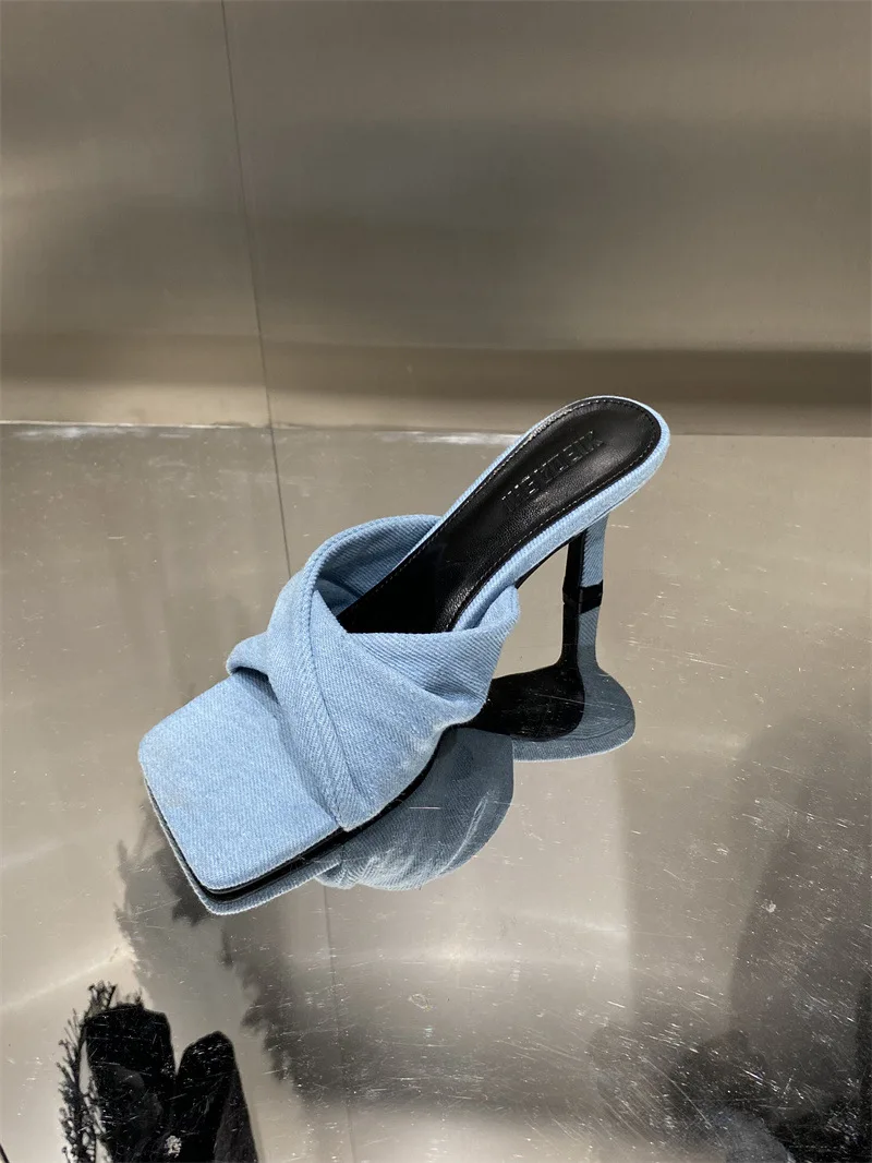 Shoes Woman 2024 Med Thin Heels Heeled Mules Slippers Casual Square Toe Pantofle Low Cross-Tied High Luxury New Denim Summer Fab