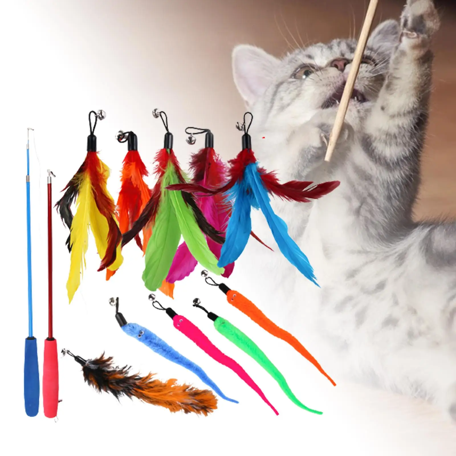 Funny Cat Feather Interactive Teaser Extendable Toys with 10 Refills Exercise Training Playing Supplies