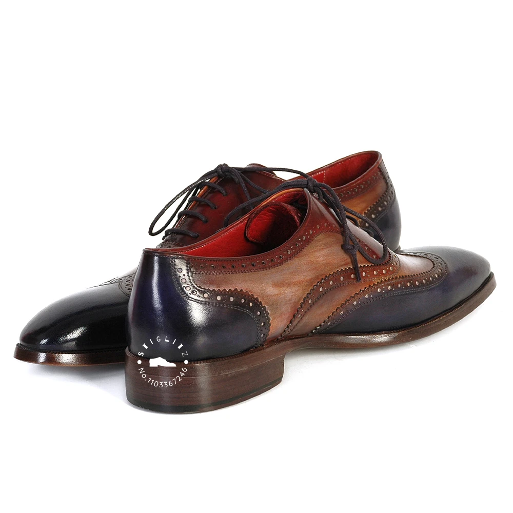 Zapatos Oxford pintados a mano de estilo Retro para hombres, Brogues de punta de alas de tres tonos, zapatos de cuero genuino con cordones, zapatos de negocios casuales elegantes