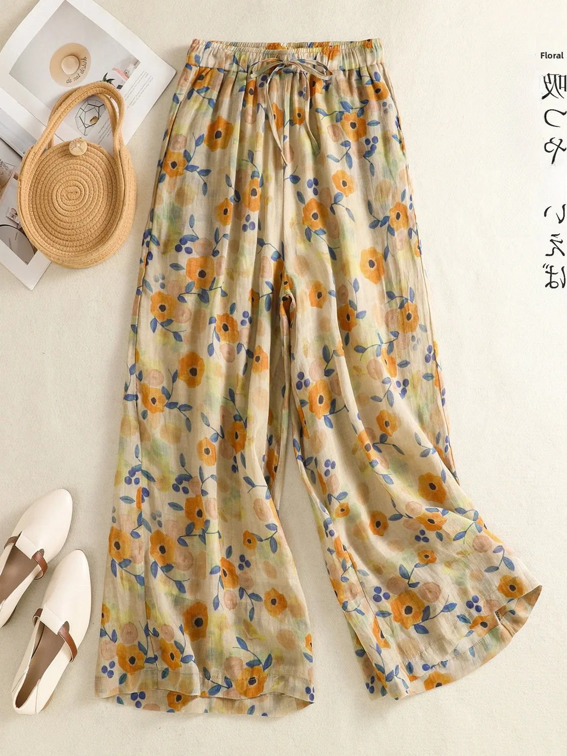 

Floral Print Wide Leg Pants Drawstring Casual Slimming Straight Leg Light Weight Hemp Women's plus Size Summer Trousers