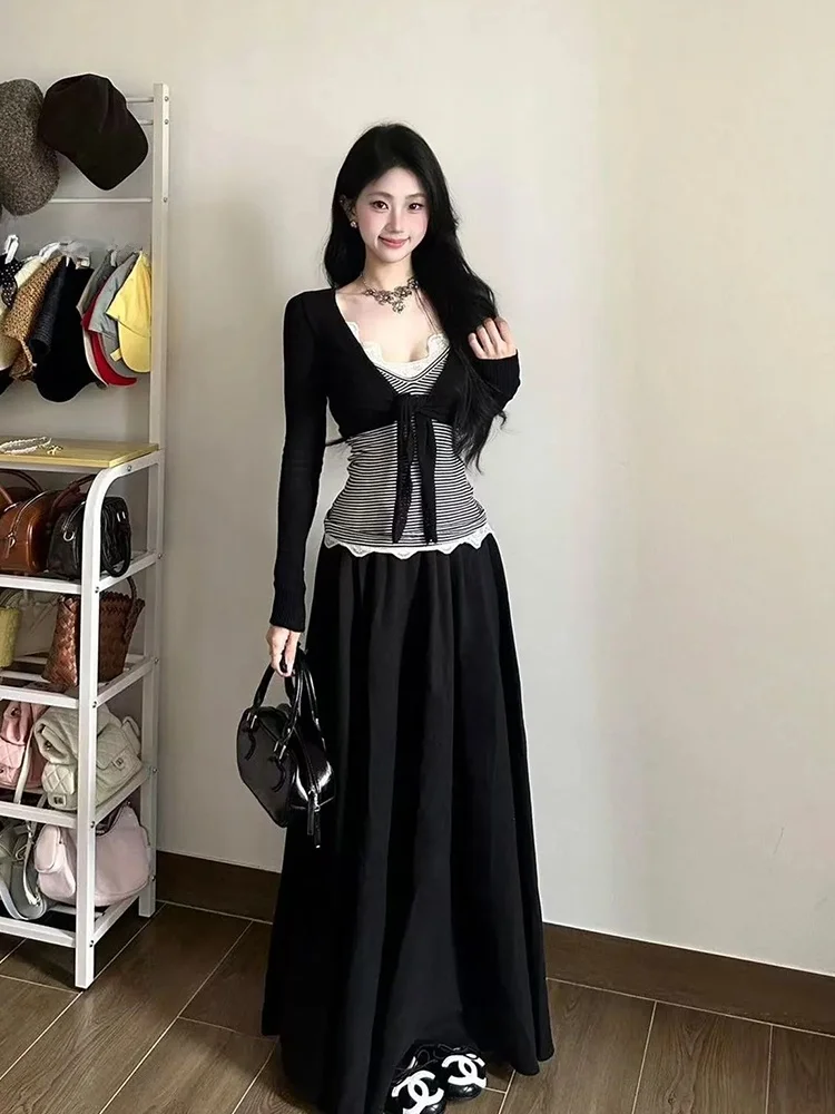 

Spring 2026 Lace Splice Strap Vest Sun Protection Open Cardigan Half-length Skirt Three-piece Set Women's Fashion Korean Style
