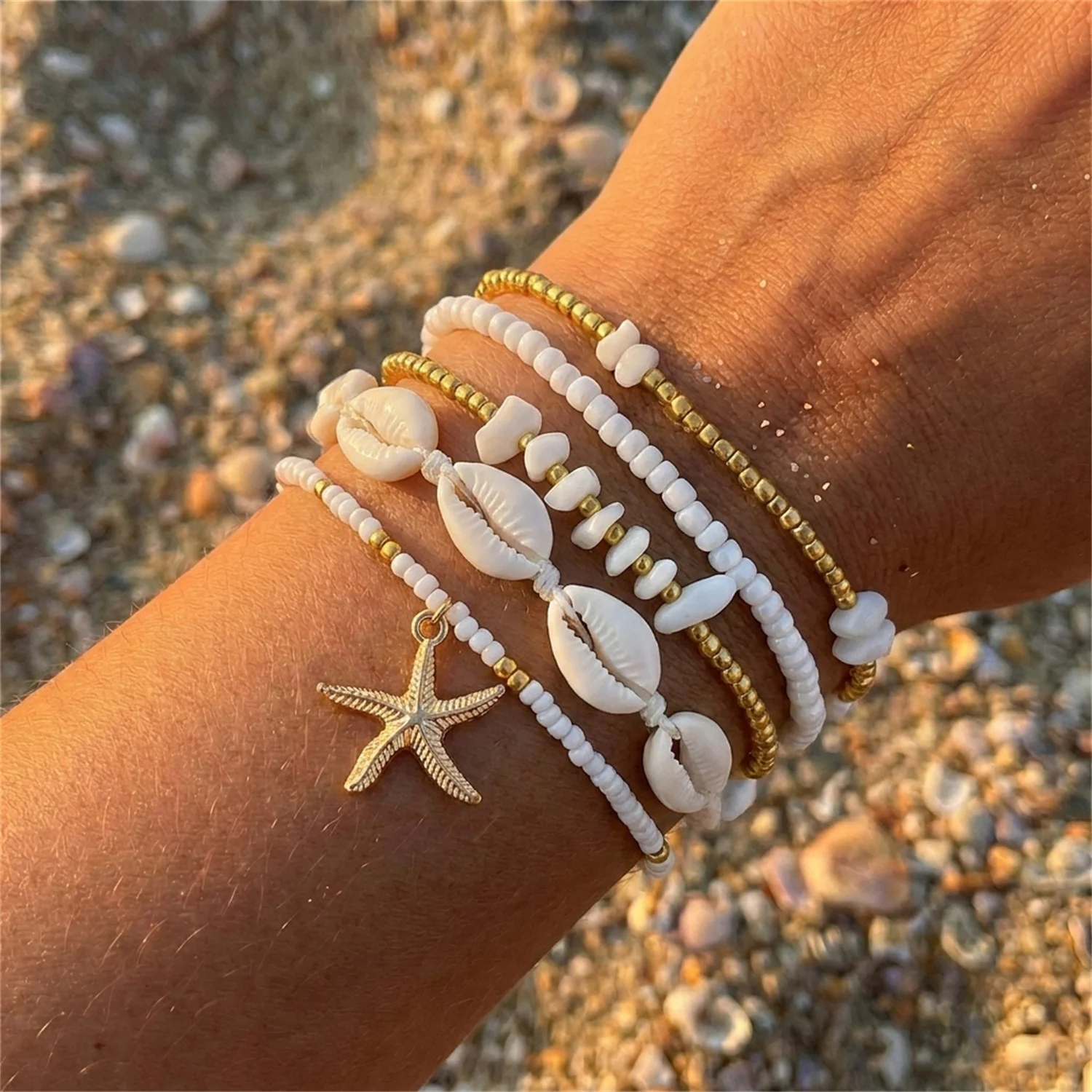 

5PCS/Set Ladies Star Shell Bracelet with Precise Design Bead Summer Beach Vacation Style Fashion Accessory Jewelry Gift