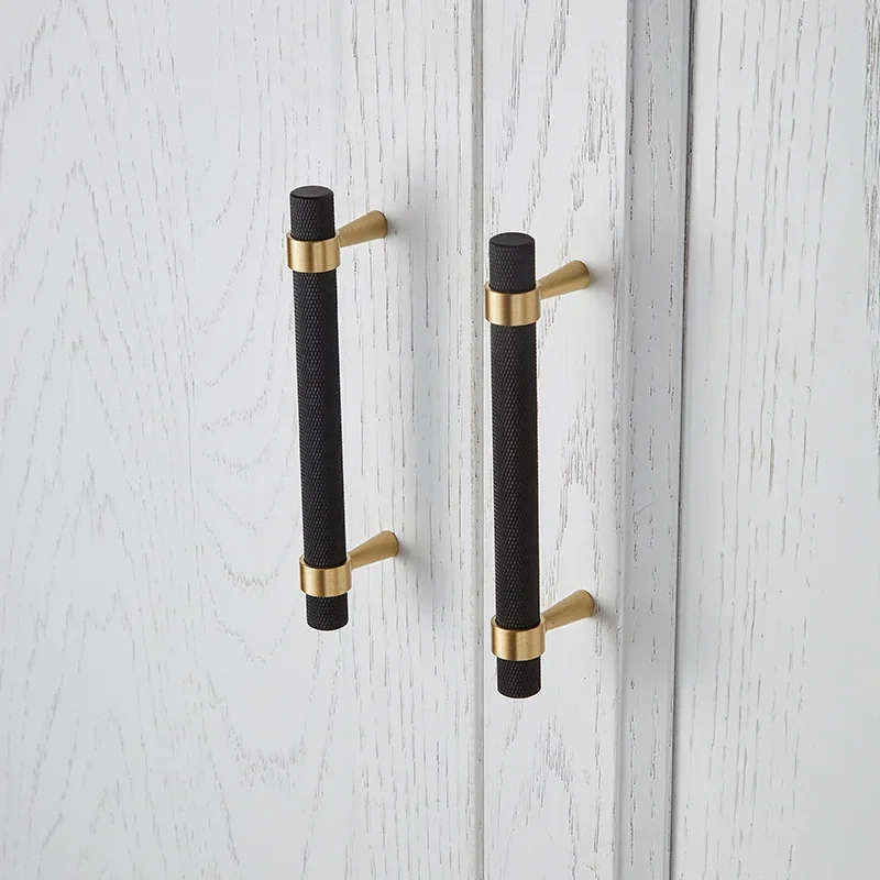 Tinyhob Black Knurled/Textured Kitchen Handles Drawer Pulls Bedroom Knobs Solid Brass T Bar Cabinet Hardware Decorative Knob