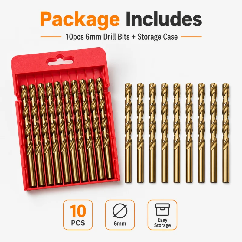10Pcs 6mm Titanium Coated HSS Twist Drill Bits, Metal Wood Drilling Tool with Storage Case