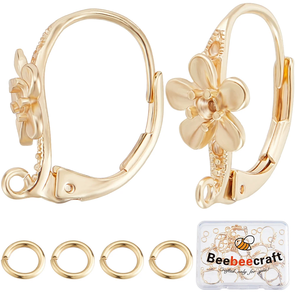 20Pcs Flower Leverback Earring Findings 18K Gold Plated Brass 17x8mm French Earring Hooks Flower Pattern Ear Wire Findings