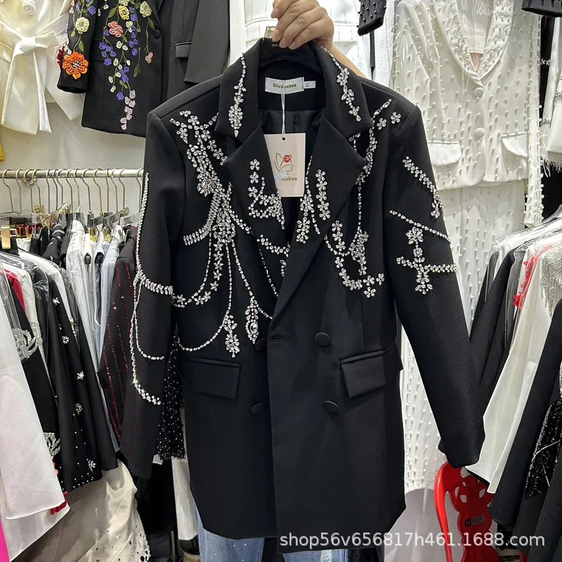 أزياء سيدة الوردي البدلة سترة جديدة الخريف كل مباراة منتصف طويلة مزدوجة الصدر الحلل أنيقة طويلة الأكمام الماس النساء معاطف