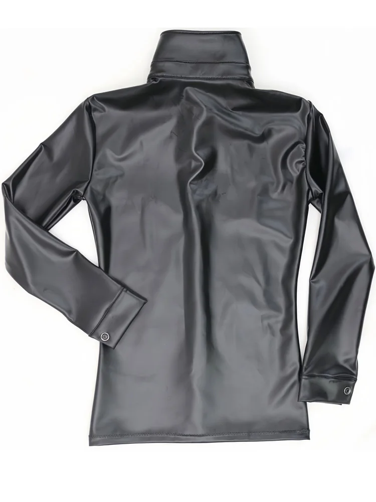 Glossy Elastic PU Leather Shirts Single Breated Long Sleeve Tshirt Motorcycle Tees Gothic Overshirt Jacket Performance Costume