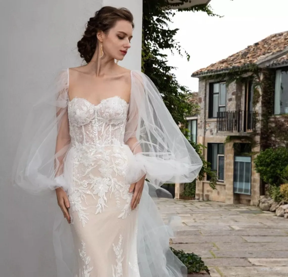 Guantes transparentes de tul para novia, mangas largas hinchadas, accesorios de boda