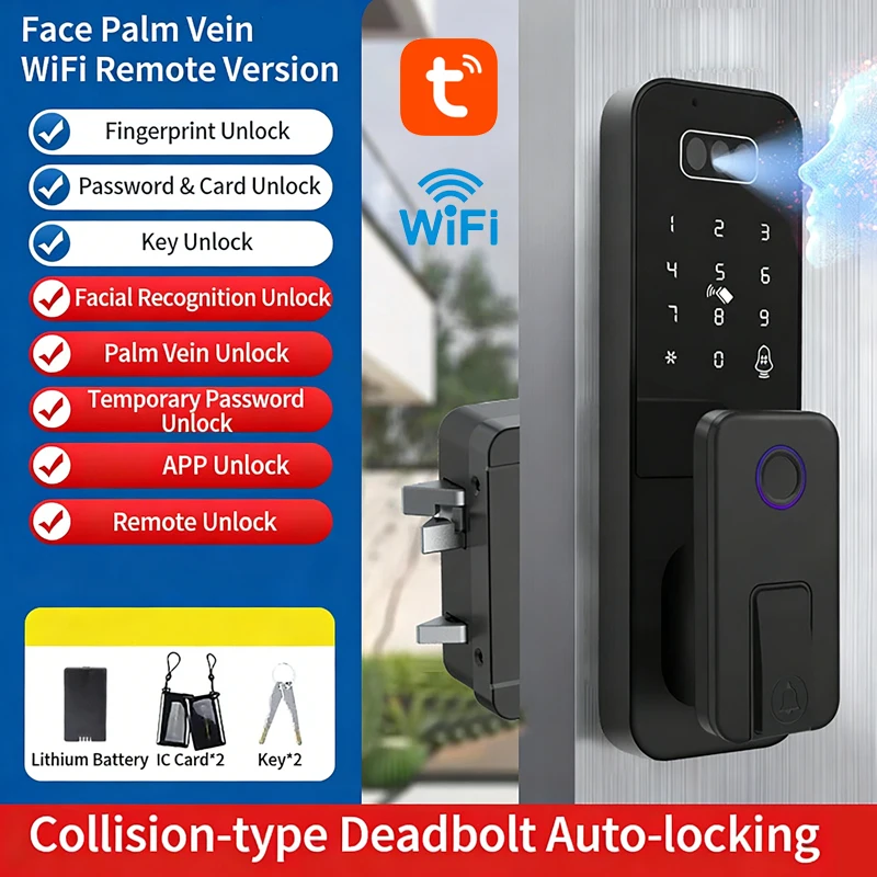 Tuya Wifi Waterproof Fingerprint Password Lock Facial Recognition Intelligent Door Lock Outdoor Door Electronic Anti-theft Lock