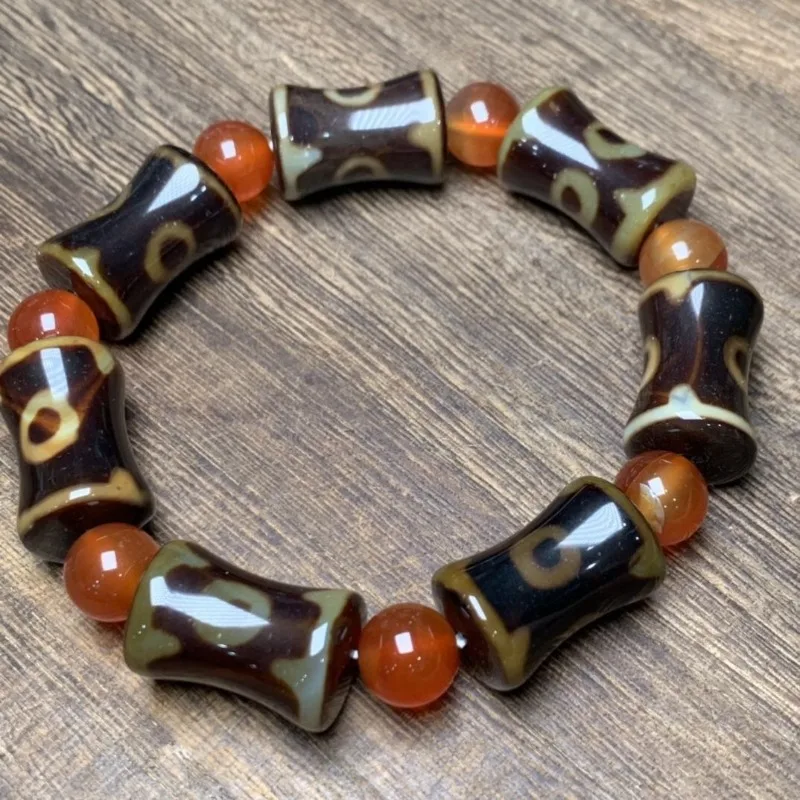 Old Mine Agate Dzi Beads Penetrate Three-eye Bamboo Joints and Three-eye Dzi Beads National Style Bracelet