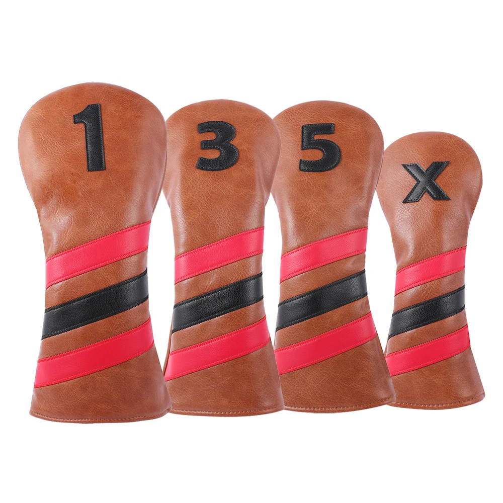 

Vintage Brown PU Leather 1 3 5 X Strips Applique Golf Club Headcover Set Driver Wood Hybrid Cover