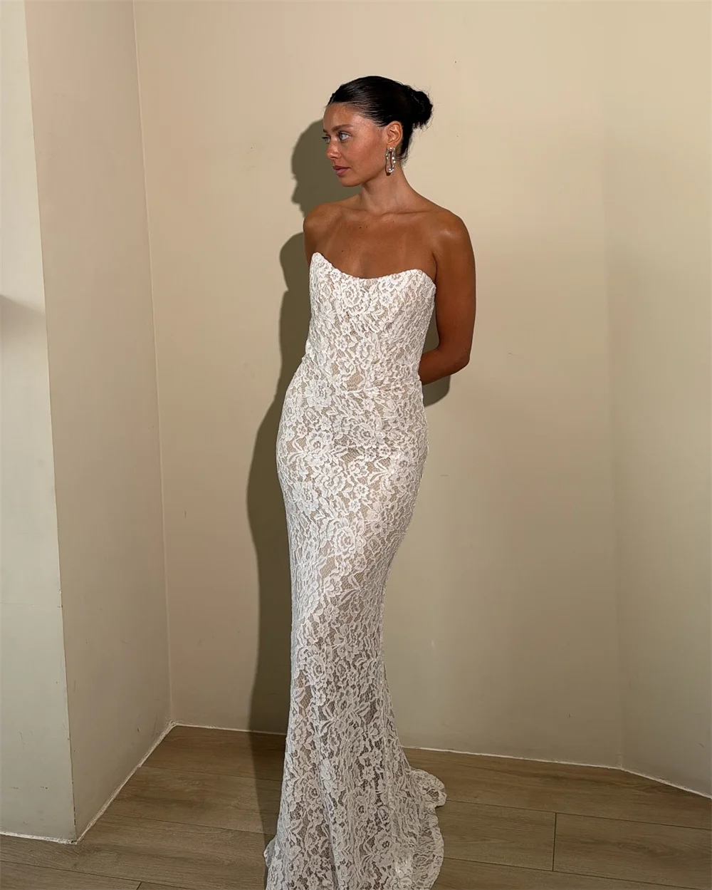 Suknia ślubna w stylu syreny, bez ramiączek, z białej koronki, szyta na miarę w Kiotoku, elegancka, bez rękawów, vestidos de noche, długa do podłogi, formalna suknia wieczorowa.