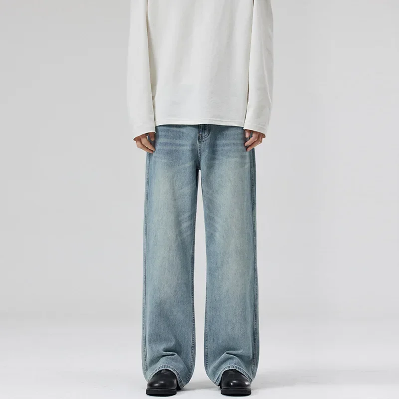 Men's Light Blue Washed Loose Straight Wide Leg Casual Simple Basic Daily Trendy Jeans Pants Four Seasons 2026 New Fashion Male
