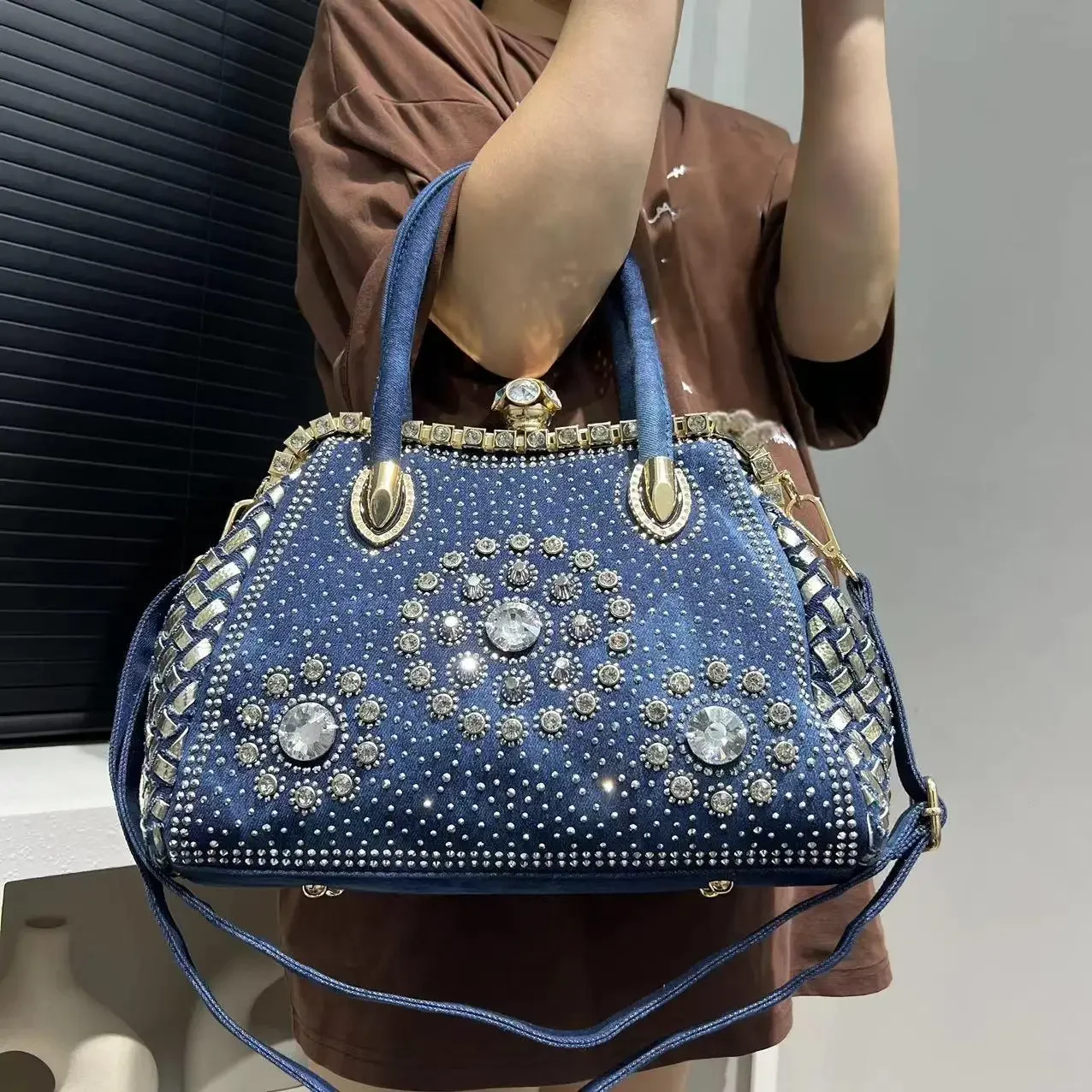 Sac à bandoulière en denim tissé nickel é pour femme, sac fourre-tout diamant, mode initiée, grande capacité