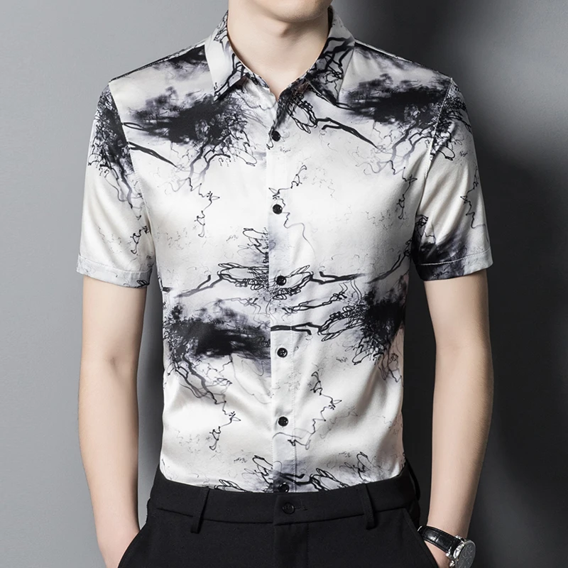 Chinese Style Real Silk High-End Men Shirt Short Sleeve 3D Print Summer Soft Comfortable Easy Care Premium Banquet Chemise Homme