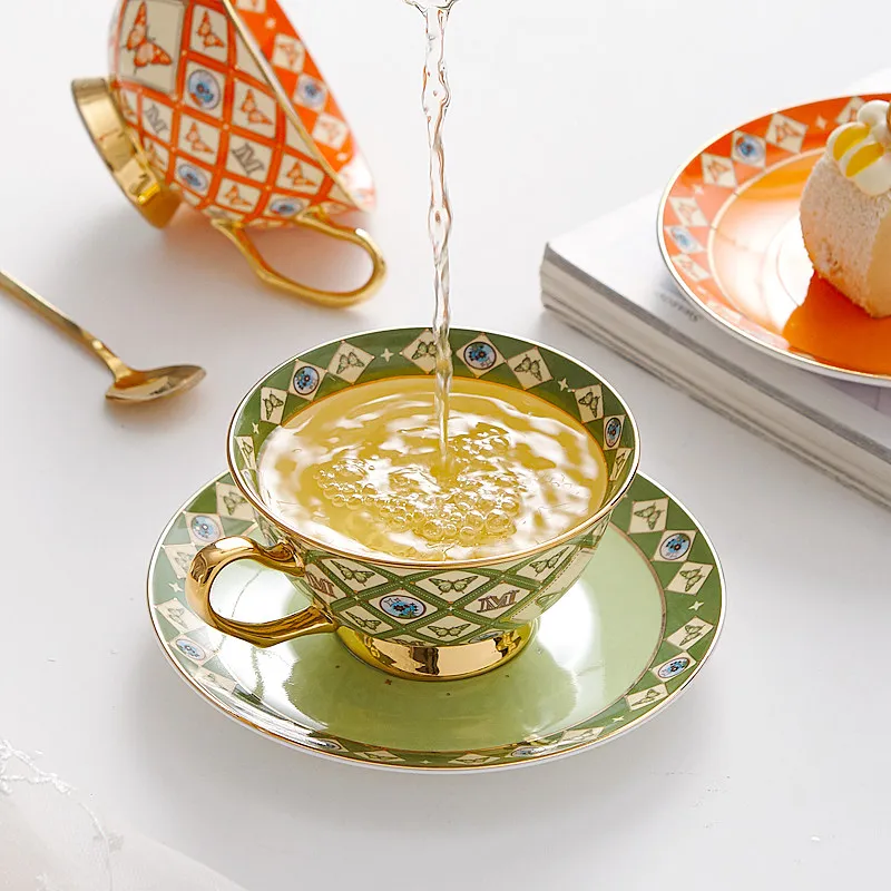 Bone China Tea Cup Saucer Spoon Set 200ml British Coffee Gold Porcelain Ceramic Teacup Cafe Espresso Drinkware