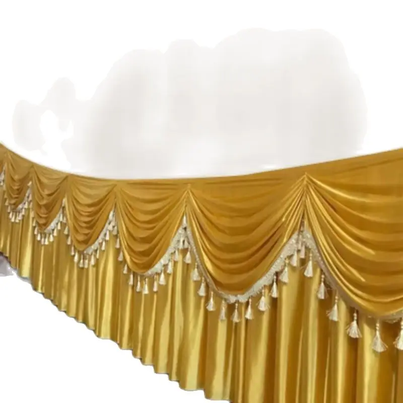 20ft Length (6M) Gold Table Skirts Ice Silk Solid Table Skirt Beautiful Swag with Tassel Table Cloth Wedding Decoration