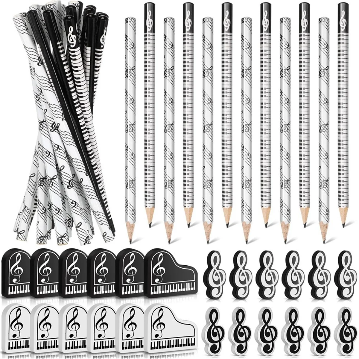 Sale Music Pencils Music Note Pencil with Music Themed Erasers Wood Pencils Bulk Keyboard Fun Pencils Erasers Gift (48 Pcs)