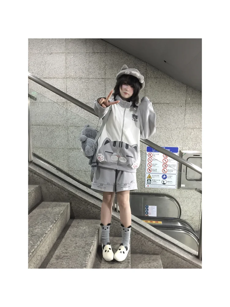 

Оригинальная серия Lolita Girl Cute Cat, милая, мягкая, милая, с воротником-стойкой, спортивная одежда, пальто + шорты с цветными блоками