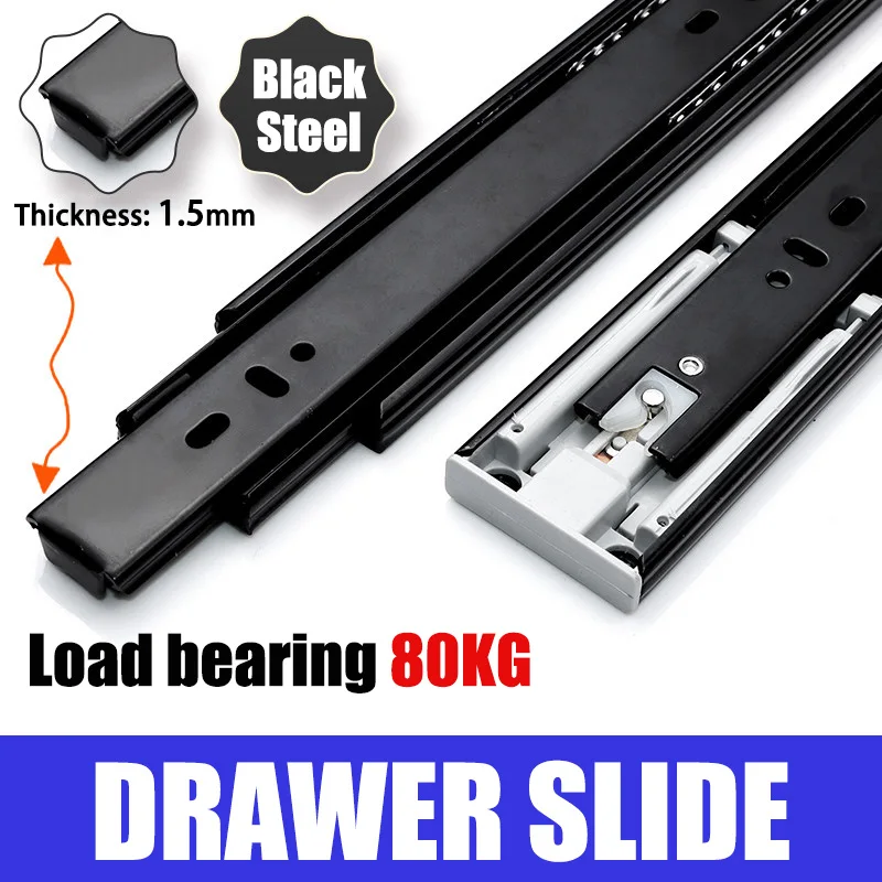 1.5mm Thick Black Steel Heavy-Duty Drawer Slides Three-Section Full Extension Universal Load-Bearing Rails for Cabinet Furniture
