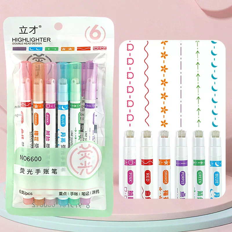 6pc Curve Highlighter Marker Pen Linear Pencil Lace Roller Tip Multiple Line Shapes Colorful Drawing Graffiti Art Tools