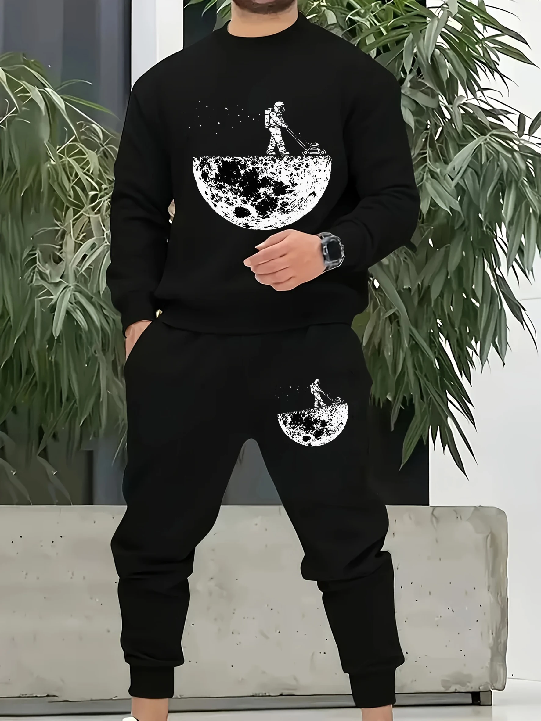 

Astronaut Mowing The Moon Printing Sport Set For Mans Casual Loose Clothing Warm Fashion Pants Unisex Fleece Sweatshirt