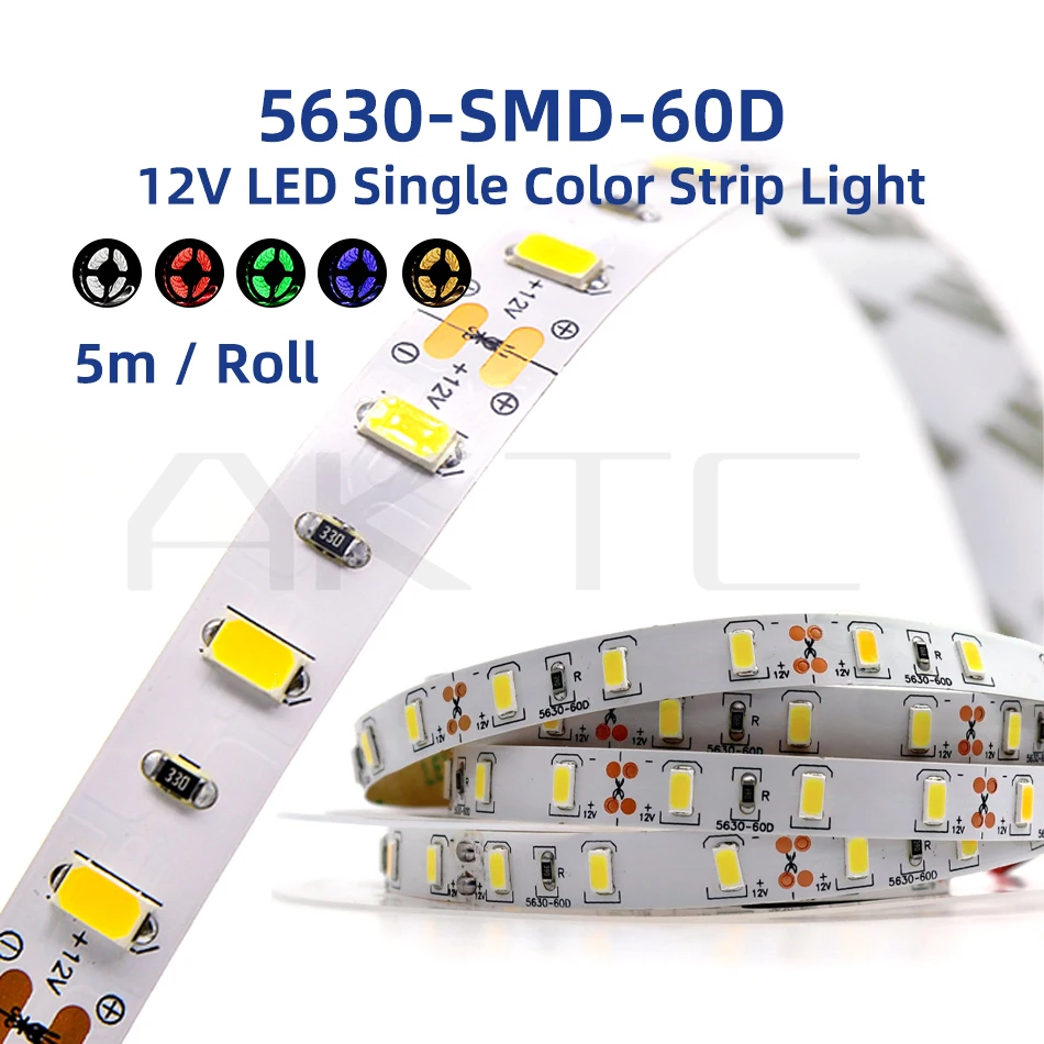 

5M Flexible LED Strip 12V 60W 300LEDs 5630(5730) Single Color White Warm Red Green Blue IP30 IP65 Waterproof Flexible Tape Lamp