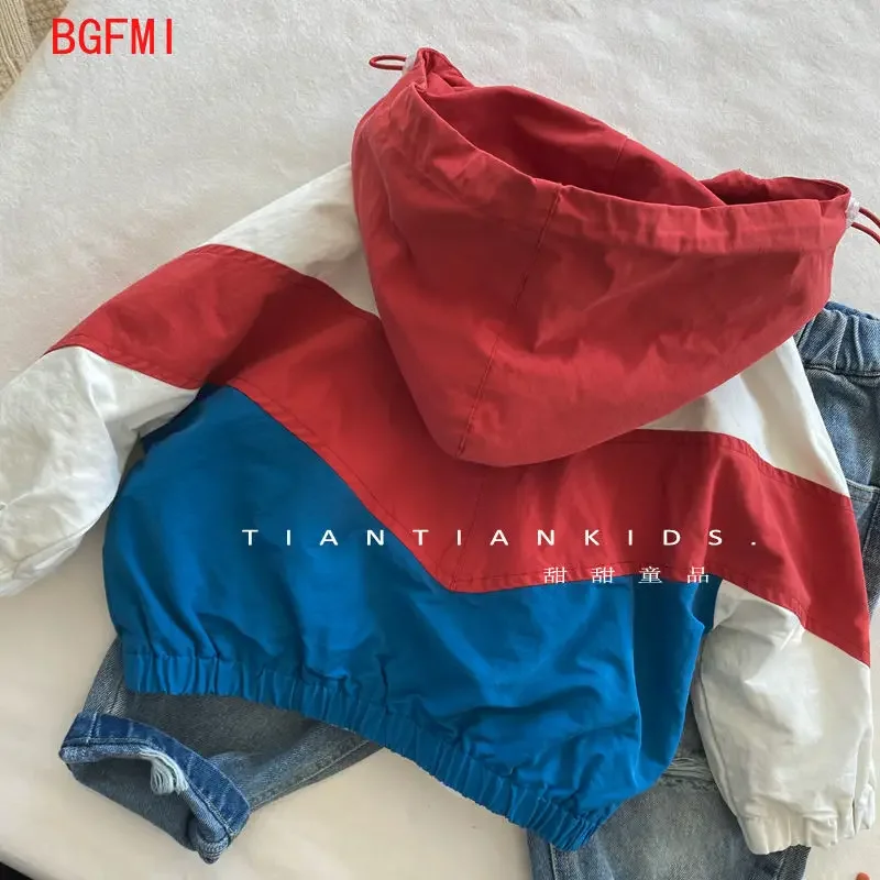 Giacca antivento con cappuccio patchwork color block coreano per ragazzi Giacca cappotto con cerniera per ragazza nuova primavera autunno per bambini belli