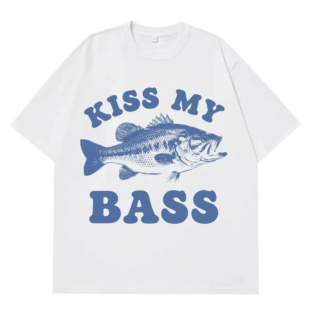 Retro Fishing T Shirt Kiss My Bass Funny Meme T-shirt omen Fashion Clothing T Shirt Summe Casual Harajuku T-shirts