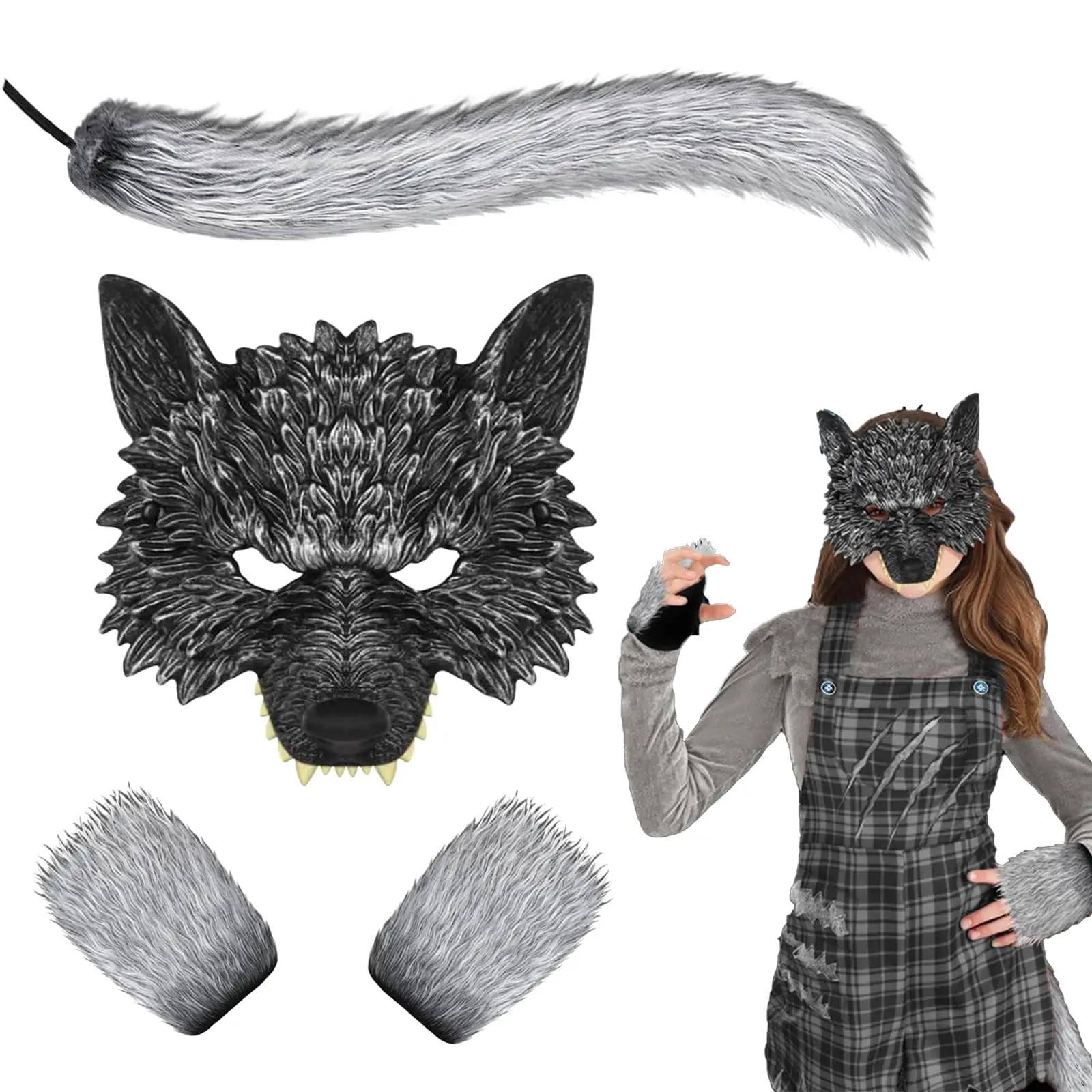 

Werewolf Mask Wolf Mask With Tail Gloves Halloween Cosplay Animal Big Bad Wolf Therian Wolfman Outfit Accessaries