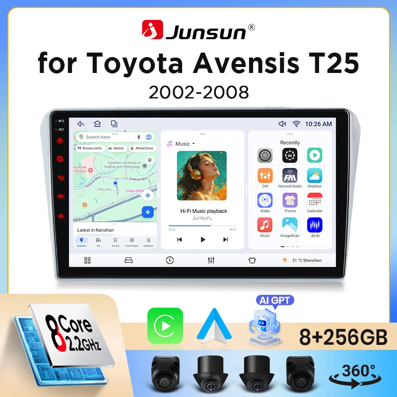 Autoradio Junsun sans fil CarPlay Android Auto pour Toyota Avensis Mk2 (T250) 2003-2009 avec ventilateur de refroidissement intégré, navigation GPS Android, lecteur multimédia, WiFi, DSP, RDS, BT, SWC, écran tactile IPS, autoradio, lecteur vidéo, unité principale, stéréo