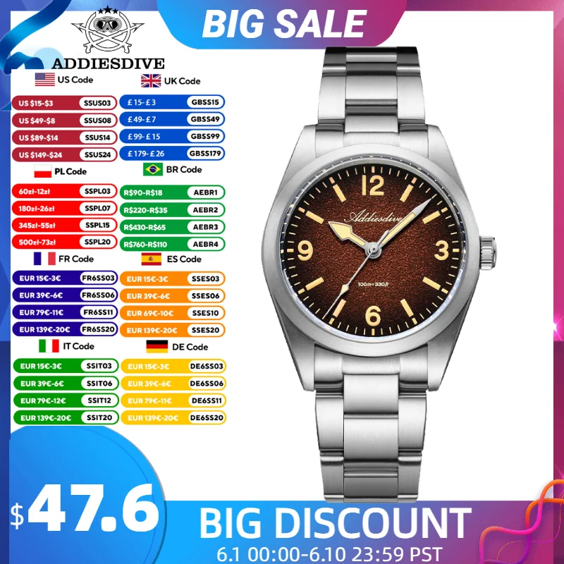 

ADDIESDIVE Watches Men New 36mm Sapphire Quartz Wristwatch Japan 2035 Movement AR Coating BGW9 Luminous 100m Waterproof AD2544