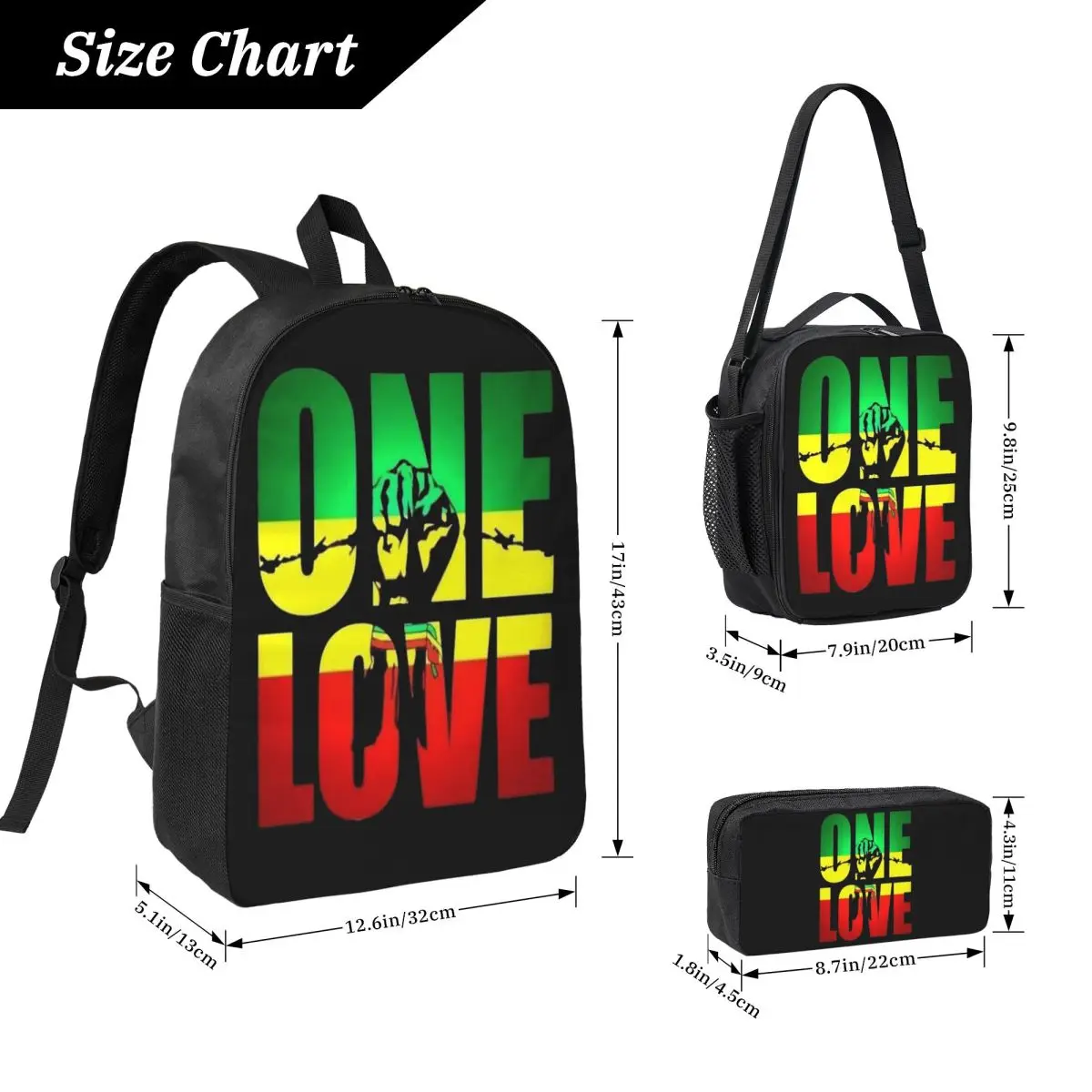 Harajuku Vintage Style Arts Bob Marley One Love Backpack BookBag School Bag Shoulder Bags 3ps Insulated Lunch Bag Pencil Case