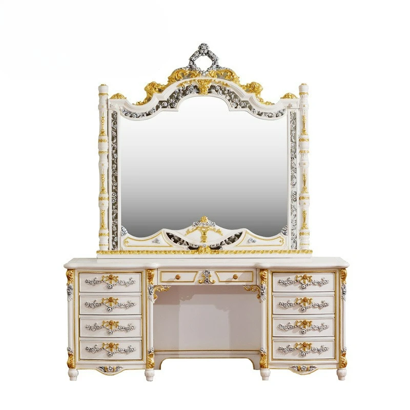 

Customizable European Neoclassical Solid Wood Painted Dressing Table French Engraved Dressing Mirror Large Writing Table