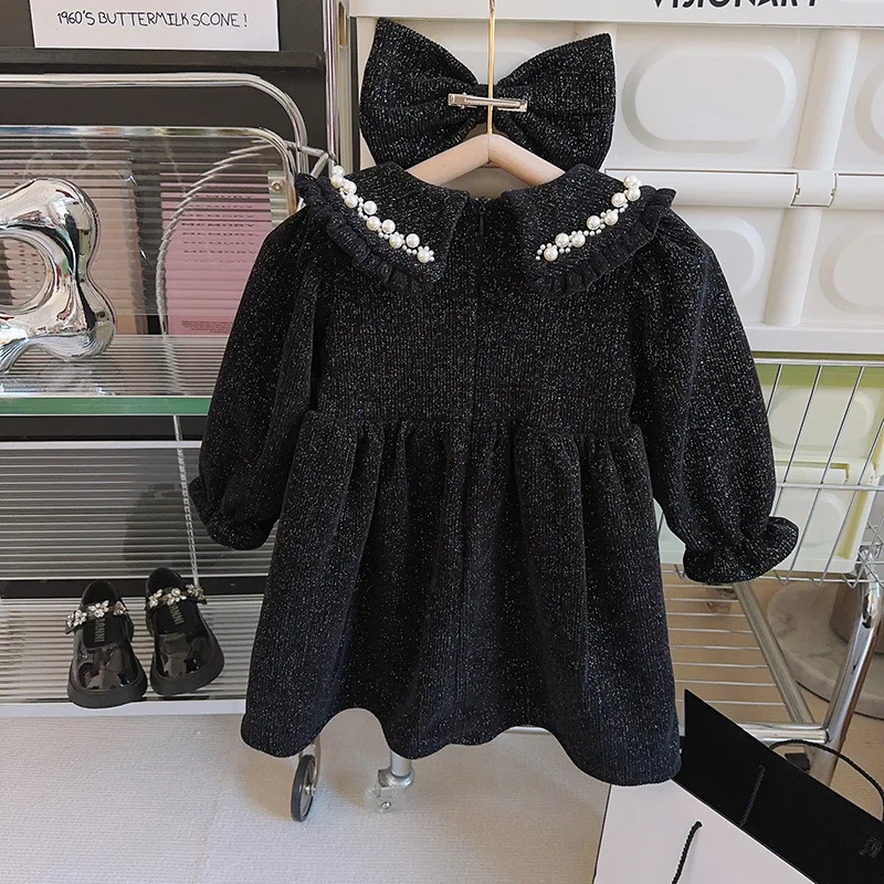 

Girls' Dress2025New Children's Princess Dress Winter Outfit for Little Girls, Fleece-Lined and Thickened with Sparkling Bowknot