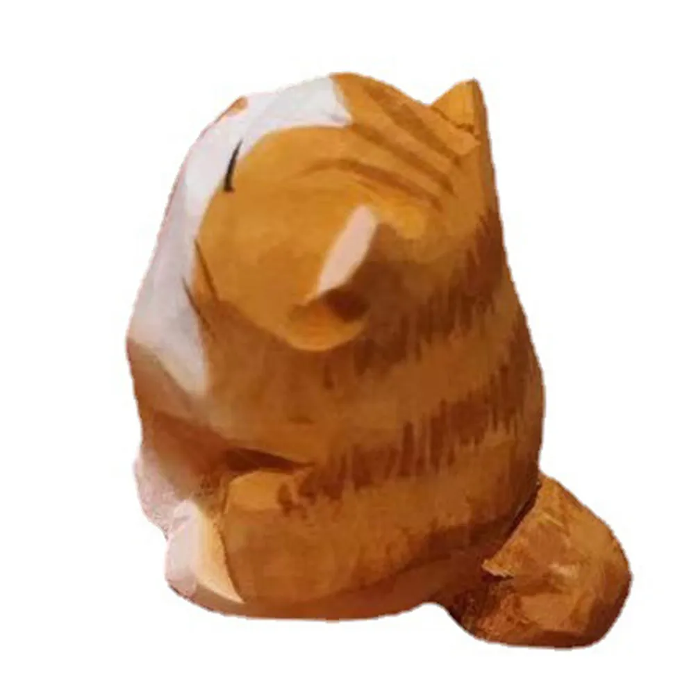 Wooden Mini Orange Cat Sculpture Handmade Desktop Decor Bright Color Exquisite Detail Sturdy Natural Material Table Sofa Accent